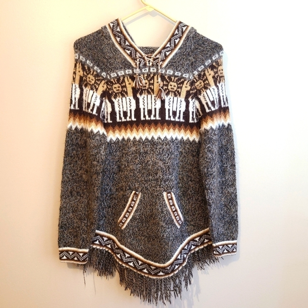 Alpaca Knit Handmade Hooded Sweater Aztec Wool Cozy